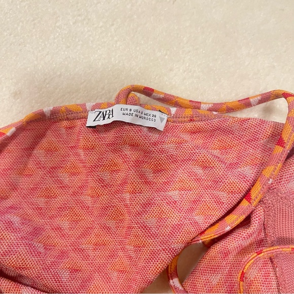 Zara Asymmetric Orange and Red Geometric Handkerchief Halter Top - Picture 2 of 3